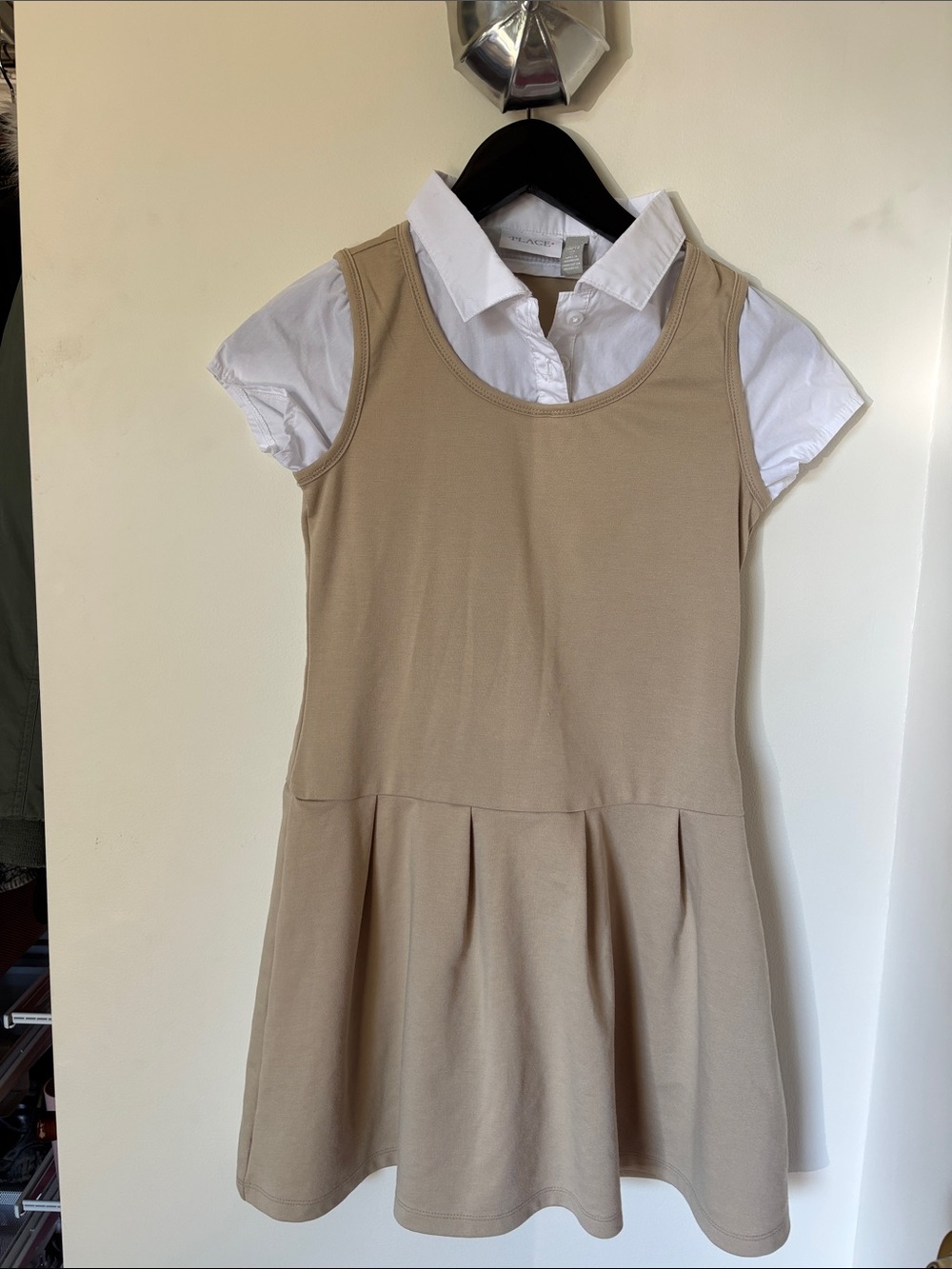 The Children's Place Beige Sleeveless Jumper Dress with White Shirt Insert